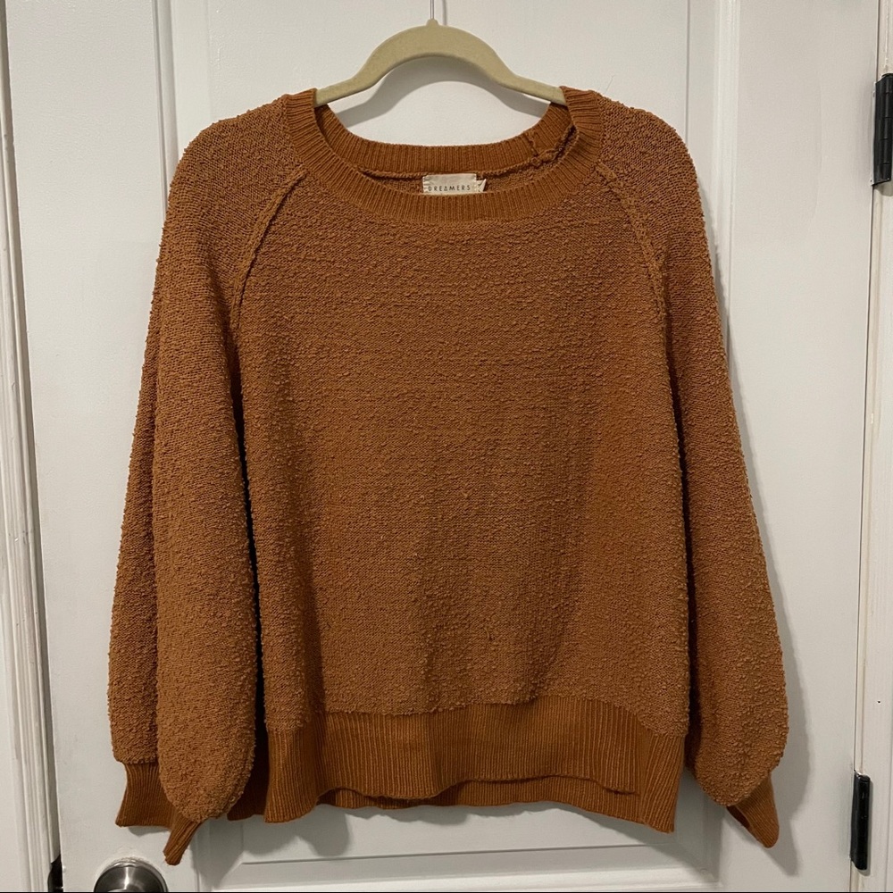 Mustard yellow sweater with puff sleeves